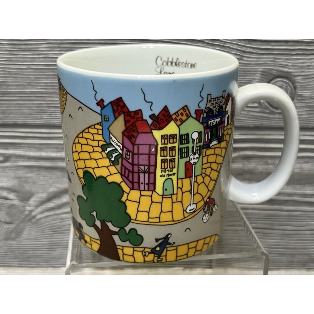 Vintage 1982 Cobblestone Lane Coffee Mug Cup Colorful Town Houses Vivi 3.75”
